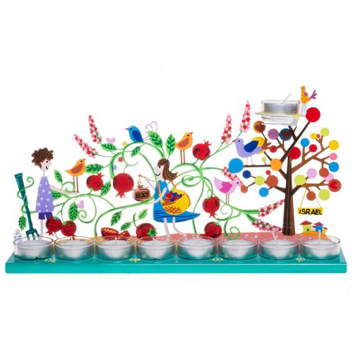 Tzuki Art Hand Painted Hanukkah Menorah Youngsters in Pomegranate Garden -  Green