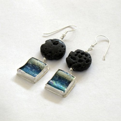 Made to Order: Roman Glass Drop Earrings with Black Lava stones By Michal Kirat