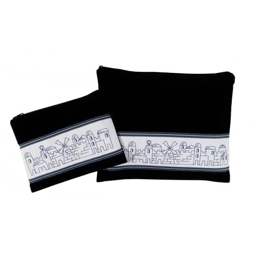 Ronit Gur's Navy Velvet Tallit and Tefillin Bag Set, Embroidered Jerusalem - Blue