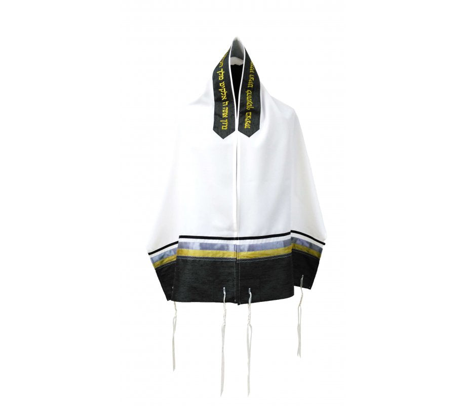 Ronit Gur's Off-White Viscose Tallit Set with Silver, Black & Gold Stripes