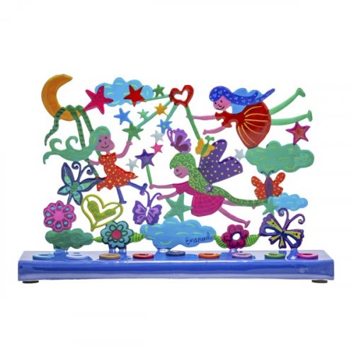 Yair Emanuel Hand Painted Chanukah Menorah, Colorful Fairy Images