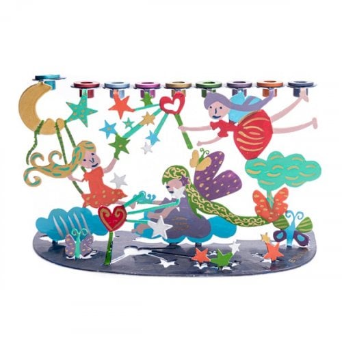 Yair Emanuel Hand Painted Chanukah Menorah, Youthful Wonderland Scene