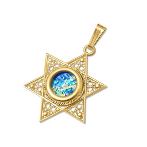 14K Gold Star of David Pendant with Filigree Design and Roman Glass Center