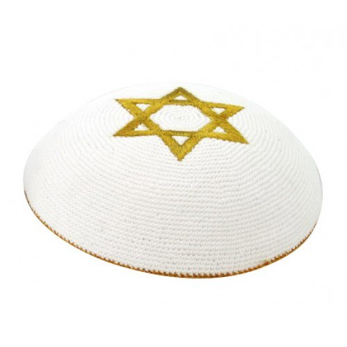 White knitted Kippah with a central gold color Star of David