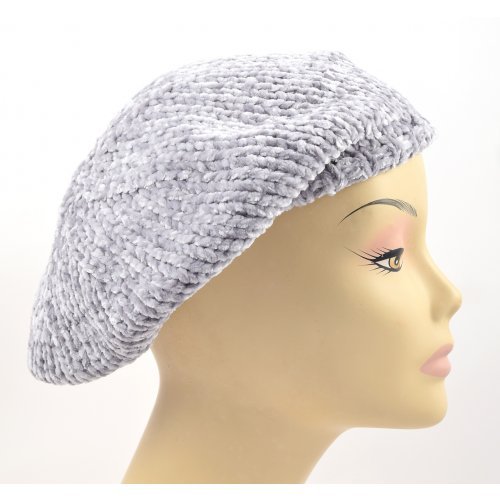 Gray Knitted Women's Snood Beret with Inner Elastic Drawstring