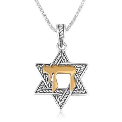 Two Jewish Symbols in a Pendant Necklace, Star of David and Chai - Textured Sterling Silver and Gold Plate