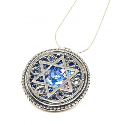 Roman Glass Filigree 925 Sterling Silver Necklace with Star of David (& Free Chain)