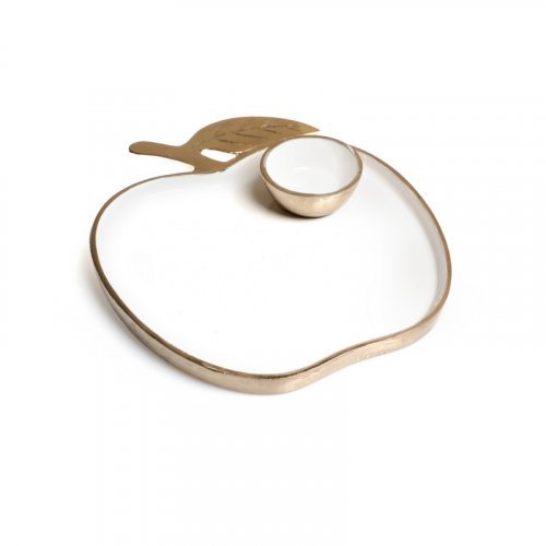 Rosh Hashanah Gold Rim Apple Shape Tray with Honey Dish - White