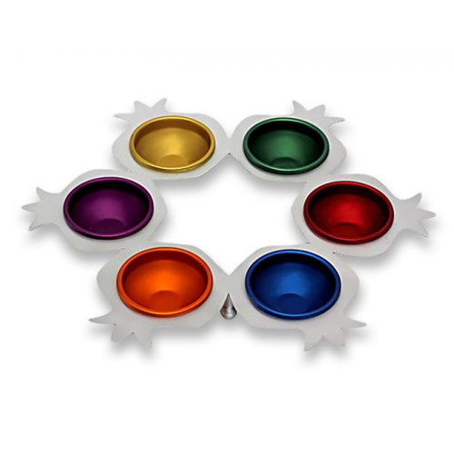 Shraga Landesman: Aluminum Seder Plate Multicolored Round Pomegranate Shapes