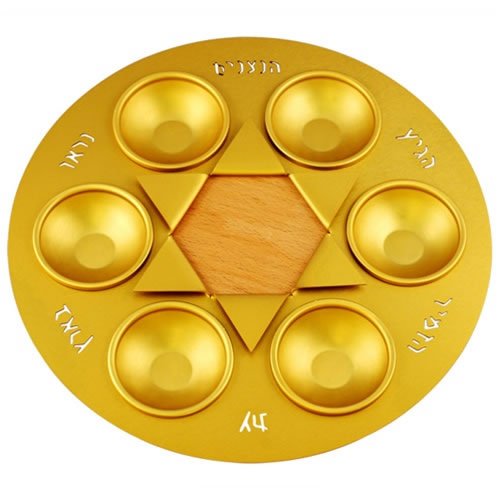 Shraga Landesman's Gold Star of David Seder Plate - Aluminum and Wood