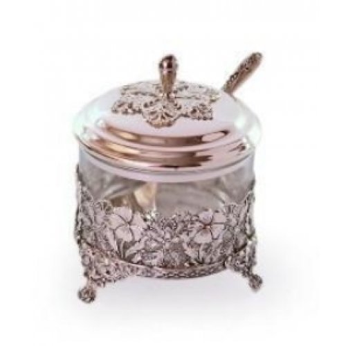 Silver Plated Honey or Sugar Dish with Cover and Spoon - Floral Design