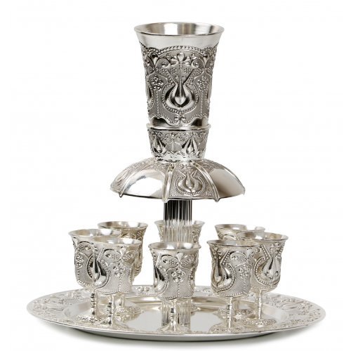 Silver Plated Kiddush Fountain with 8 Small Cups - Pomegranate Textured Design