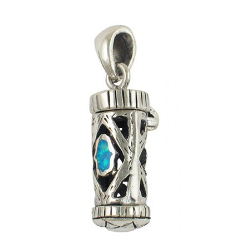 Silver and Opal Hamsa Mezuzah Pendant