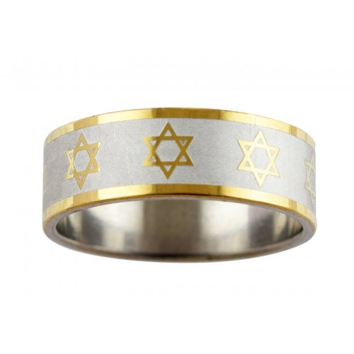 Stainless Steel Flat Two Tone Ring with Stars of David - Amazing Price