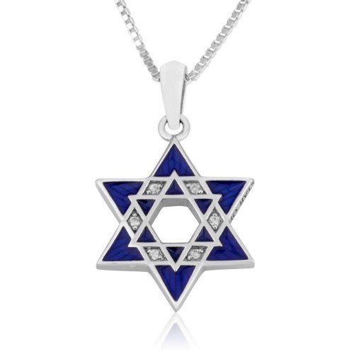 Sterling Silver Pendant Necklace, Star of David, Blue - Crystals