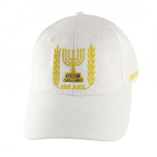 White Cap with Menorah and Olive Leaf Design