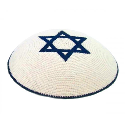 White Knitted Kippah with Dark Blue Star of David