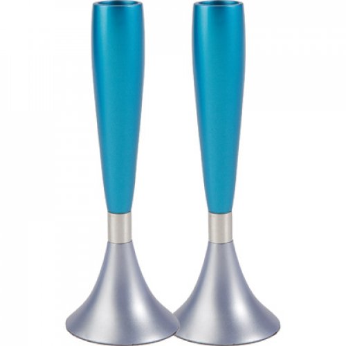 Yair Emanuel Anodized Aluminum Slender Candlesticks - Two-Tone Colors of Blue & Silver