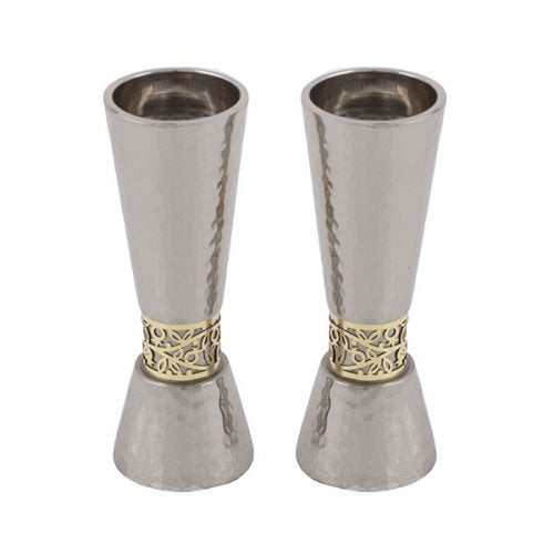 Yair Emanuel's Cone Candlesticks with Gold Pomegranate Band - Hammered Finish