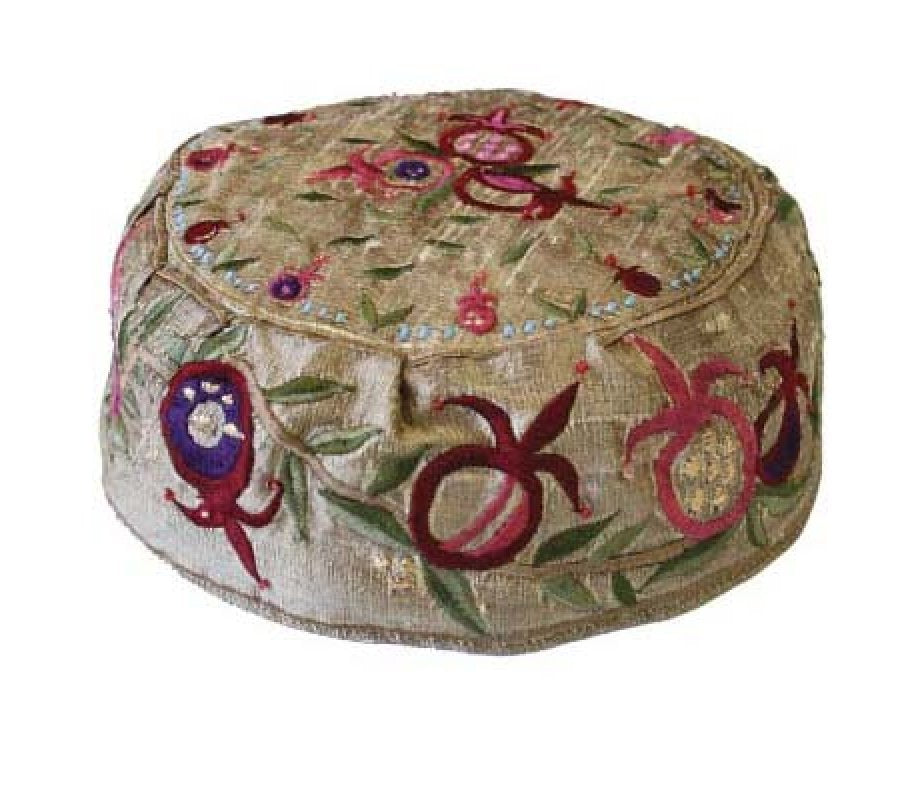 Yair Emanuel Embroidered Bucharian Hat Kippah on Gold - Pomegranates