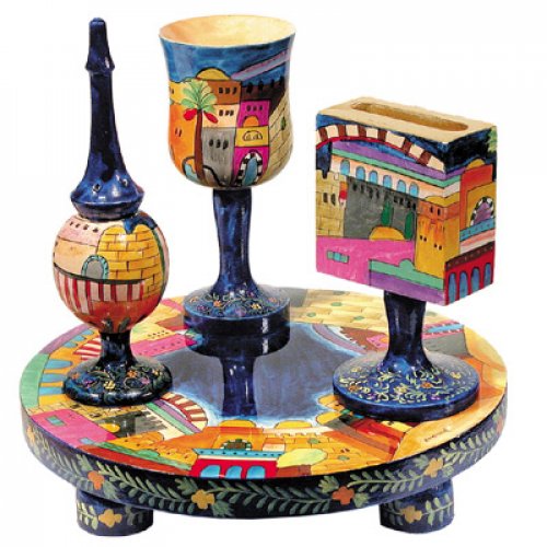 Yair Emanuel's Hand Painted 4-Piece Wood Havdalah Set - Jerusalem