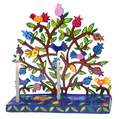 Yair Emanuel's Hand Painted Laser Cut Hanukkah Menorah - Birds on Pomegranate Tree