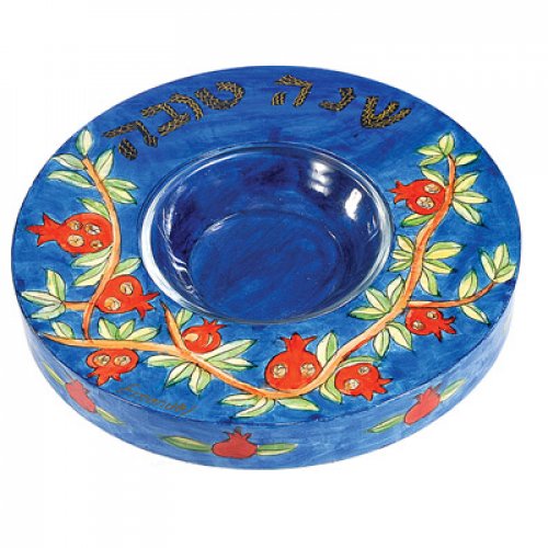 Yair Emanuel: Hand Painted Wood Honey Dish - Pomegranates