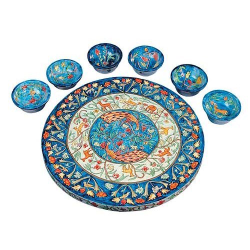 Yair Emanuel: Hand Painted Wood Seder Plate with Bowls - Forest Scenes